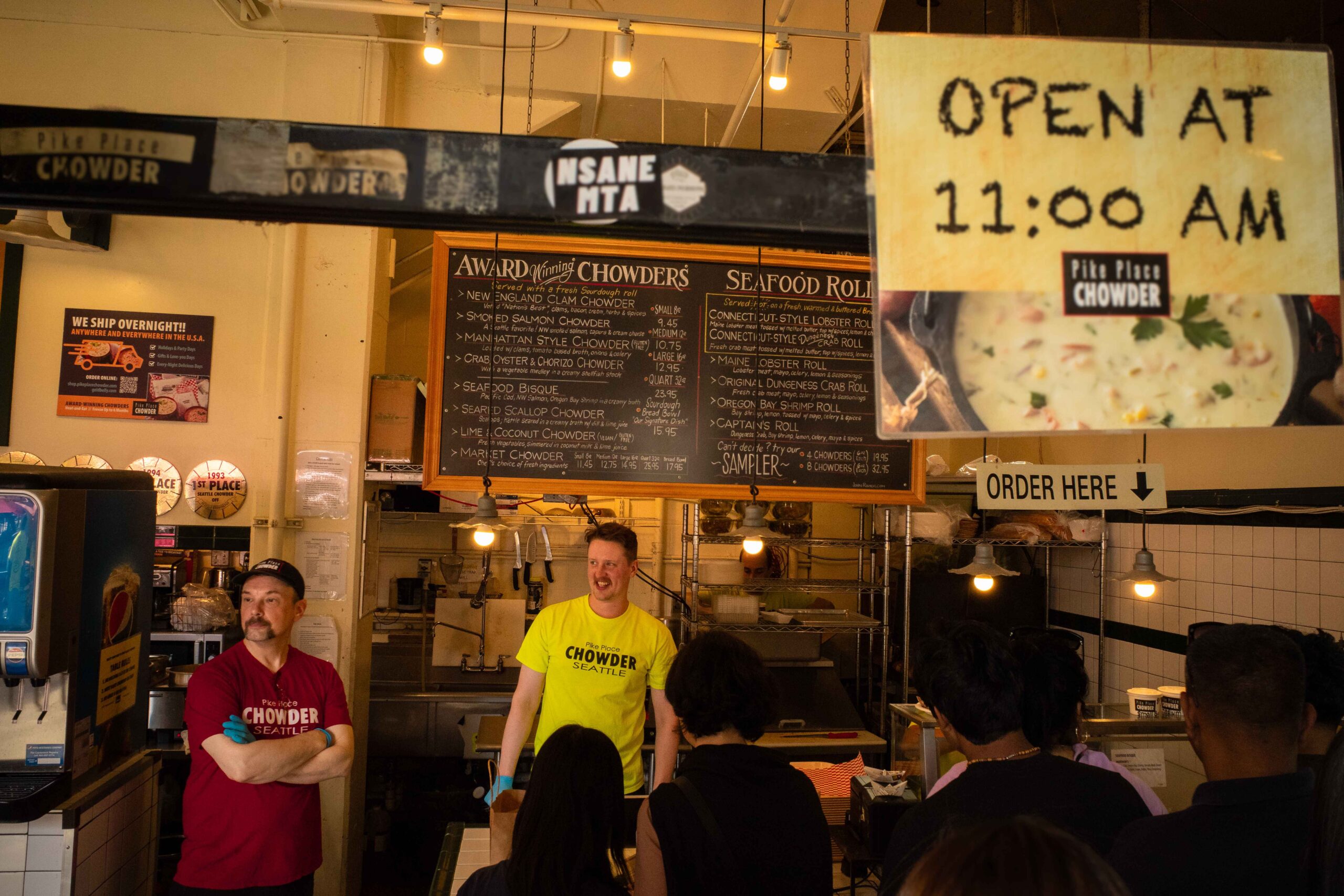 Interior of Pike Place Chowder. Ketchup Pal and Mustard Boi on duty.