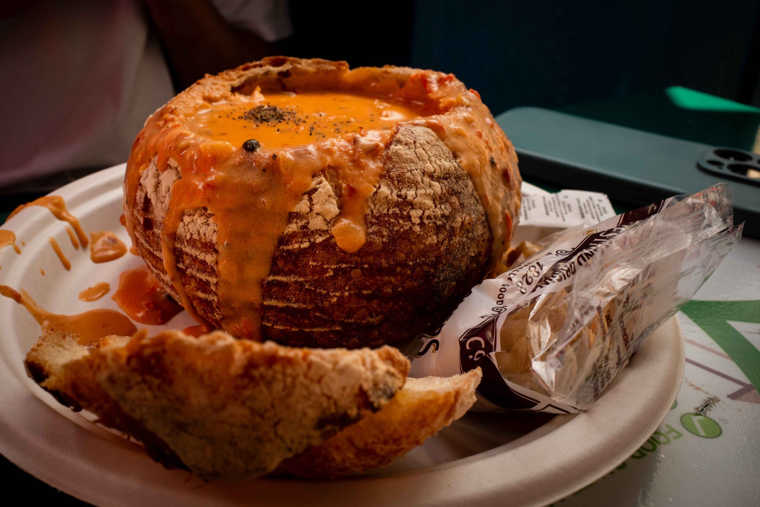 Reeve's smoked salmon chowder in a sourdough bowl